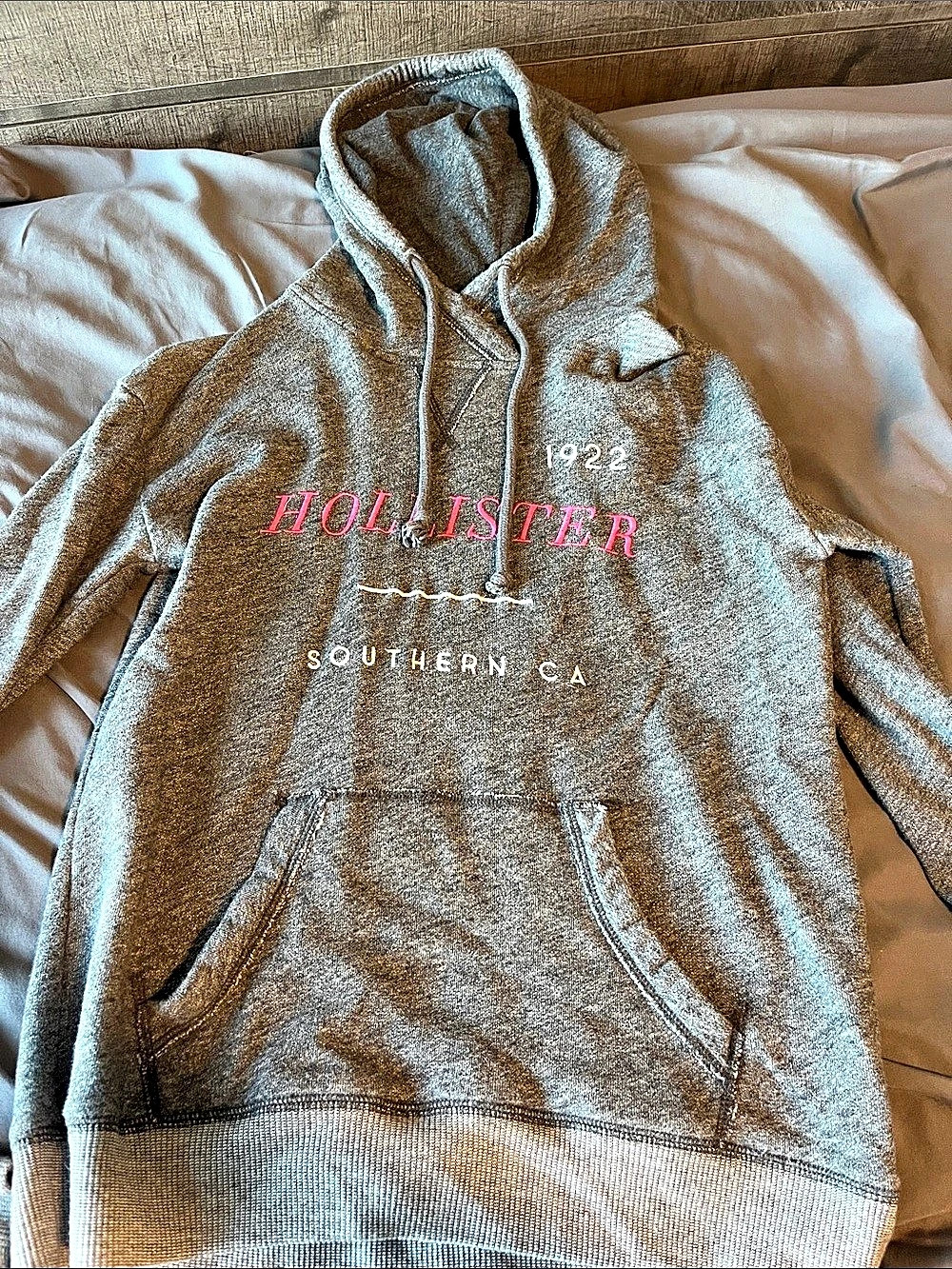 Hollister Graphic Pullover Hoodie Gray & Pink Small